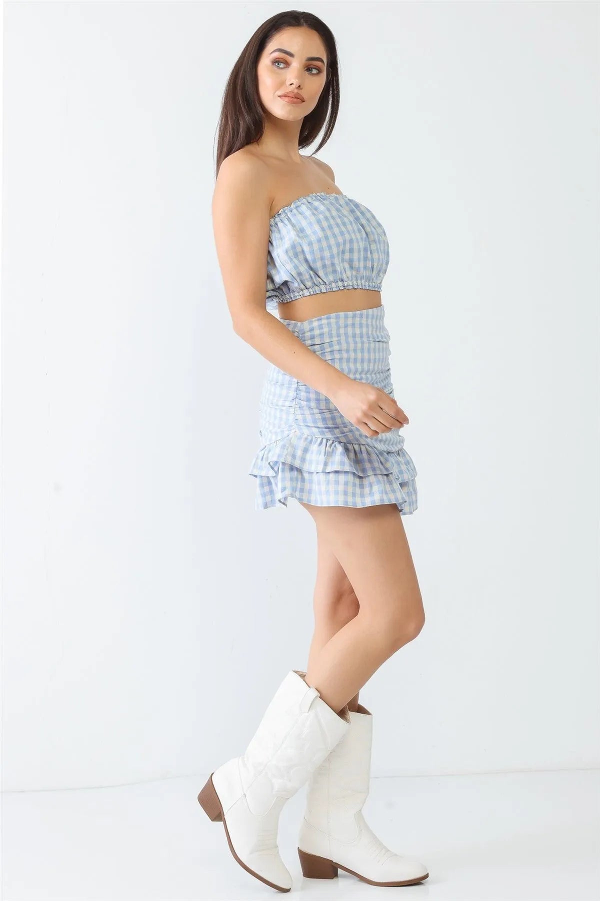 Blue Plaid Strapless Crop Top & Flare Hem Mini Skirt Set - Tasha Apparel Wholesale
