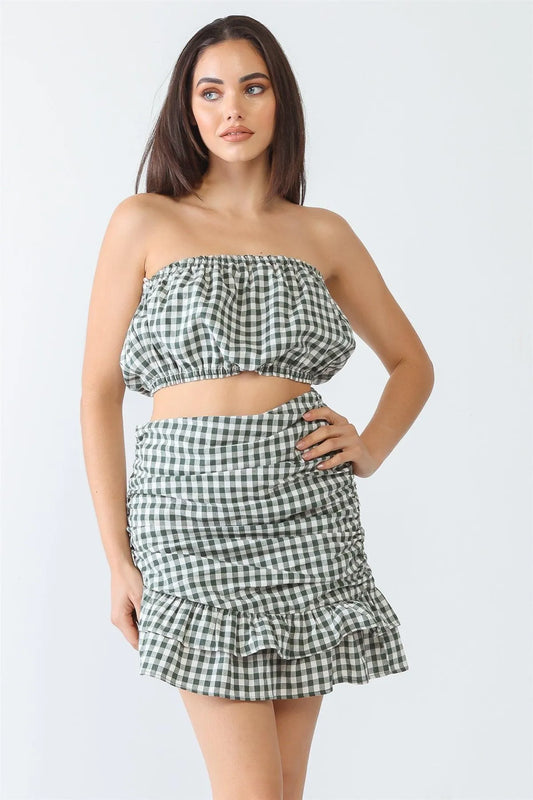 Green Plaid Strapless Crop Top & Flare Hem Mini Skirt Set - Tasha Apparel Wholesale
