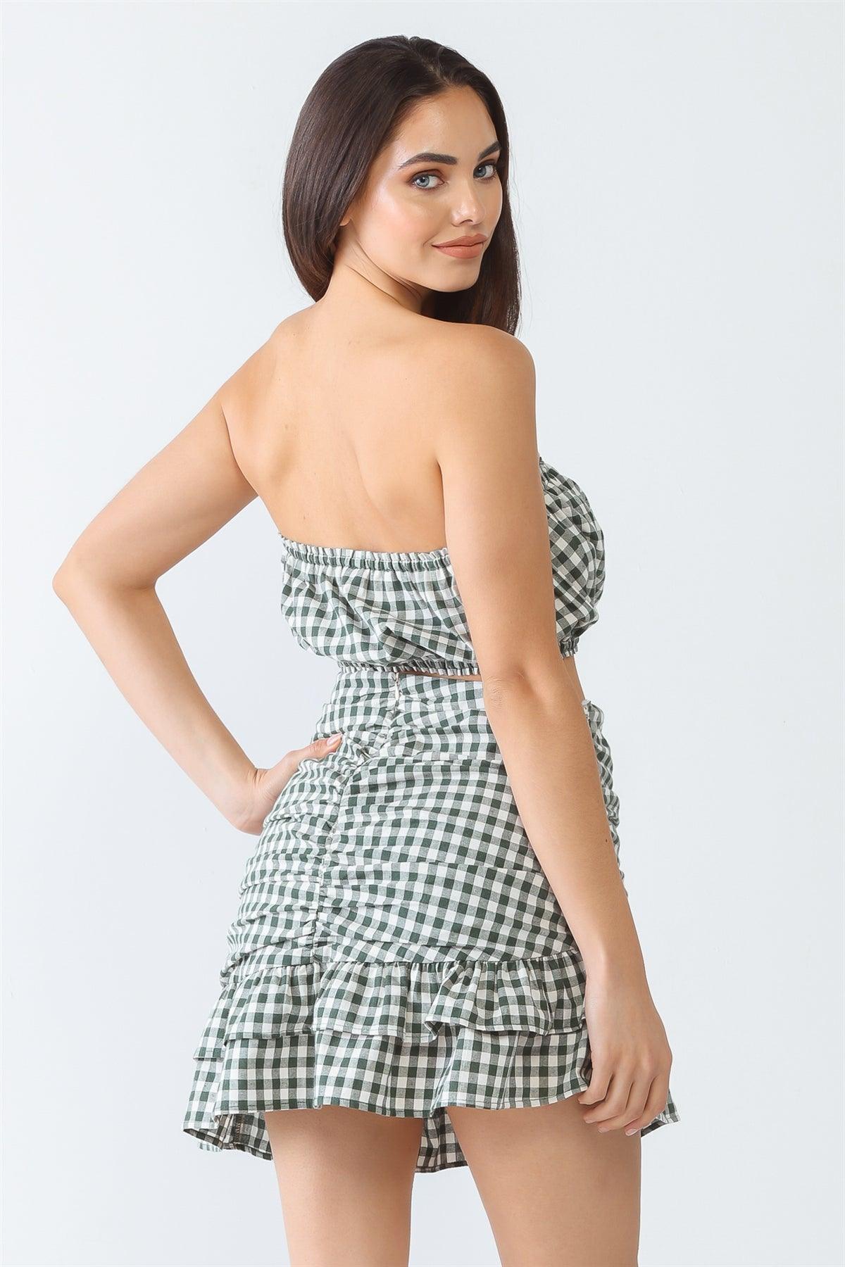 Hunter Green Plaid Cotton Strapless Crop Top & High Waist Flare Hem Mini Skirt Set /3-2-1
