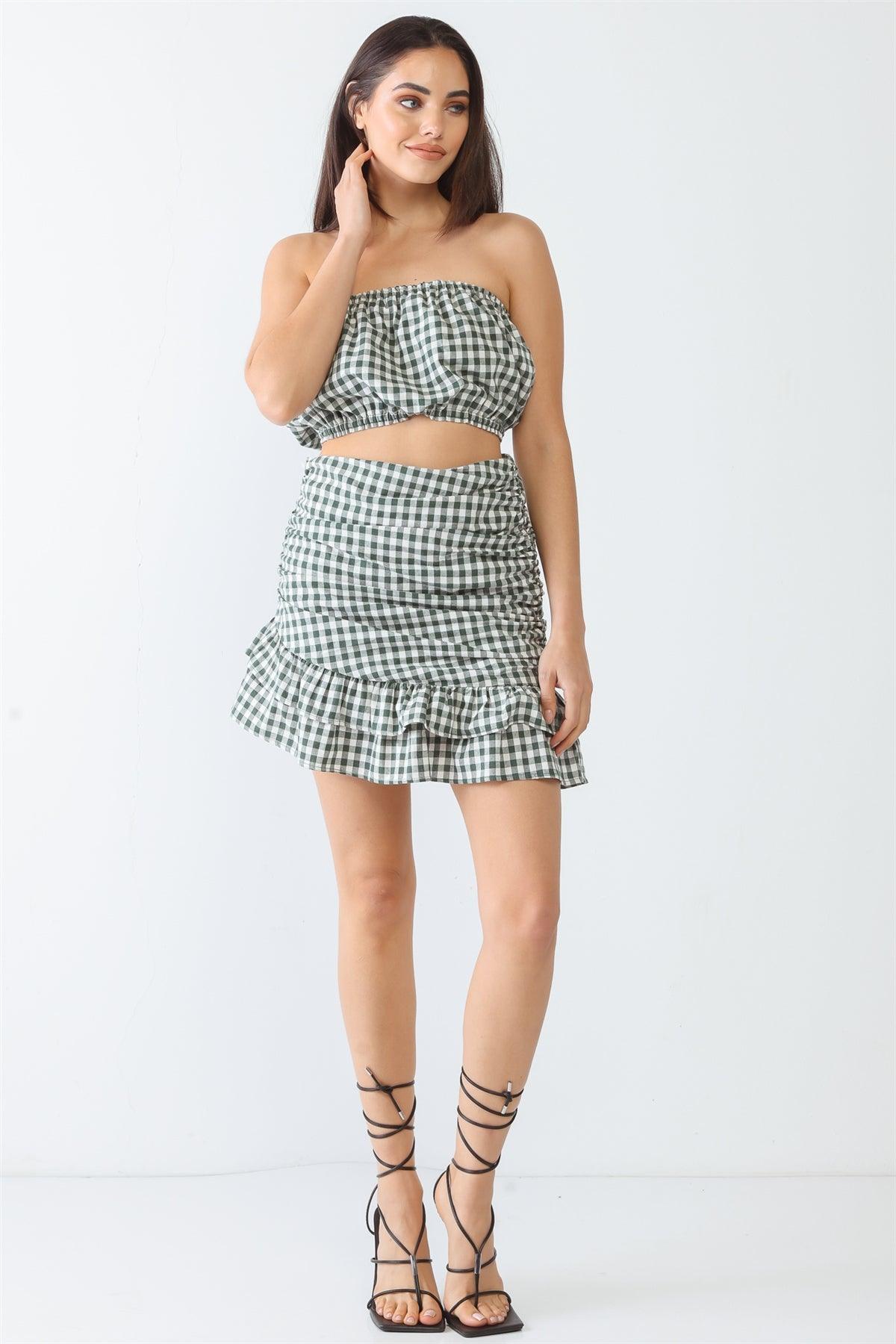 Hunter Green Plaid Cotton Strapless Crop Top & High Waist Flare Hem Mini Skirt Set /3-2-1