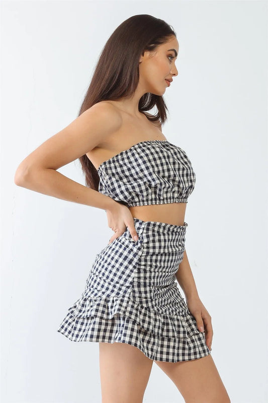 Navy Plaid Strapless Crop Top & Flare Hem Mini Skirt Set - Tasha Apparel Wholesale