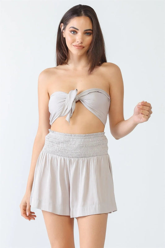 Satin Smocked Self-Tie Crop Top & High Waist Shorts Set - Tasha Apparel Wholesale