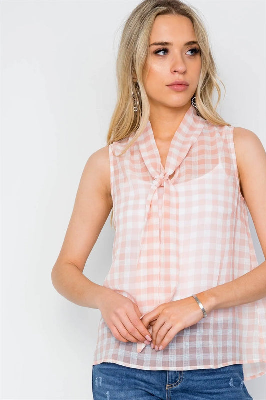 Peach Check Sleeveless Sheer Top /3-2 - Tasha Apparel Wholesale