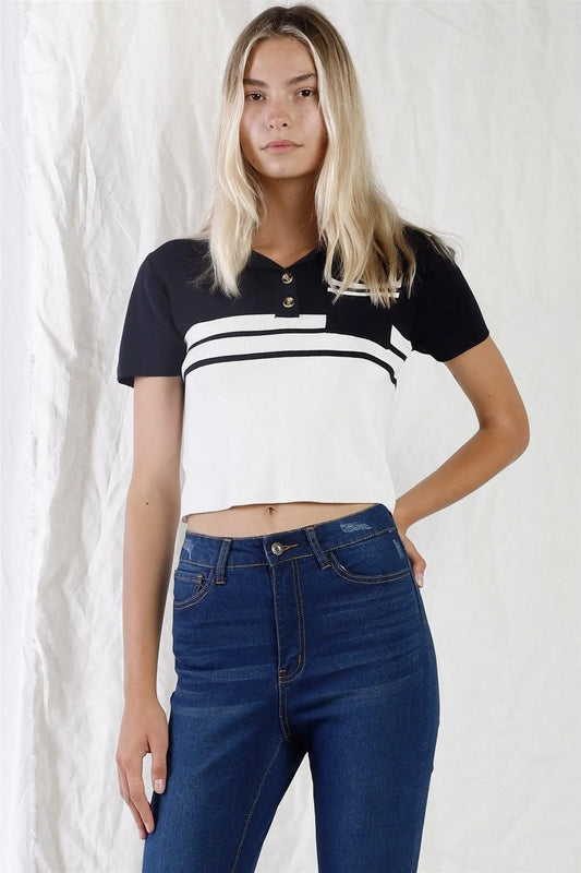Navy & White Color Block Crop Polo Short Sleeve T-Shirt /3-2-1 - Tasha Apparel Wholesale