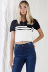 Navy & White Color Block Crop Polo Short Sleeve T-Shirt