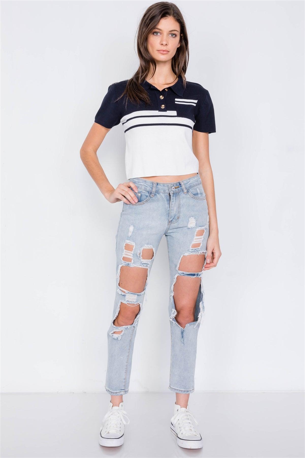 Navy & White Color Block Crop Polo Short Sleeve T-Shirt