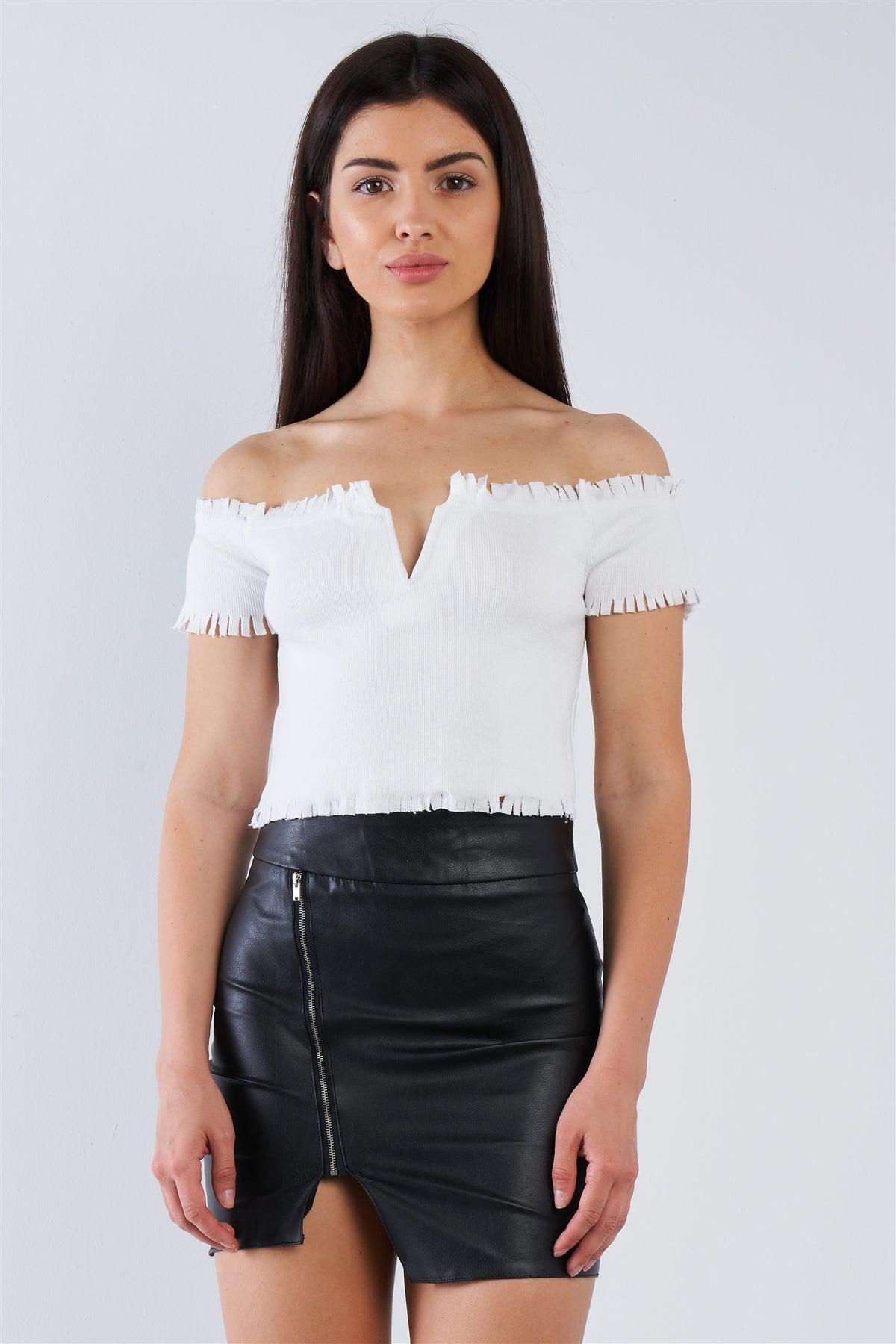 White Ribbed Off The Shoulder Confetti Hem Crop Top /4-2-1
