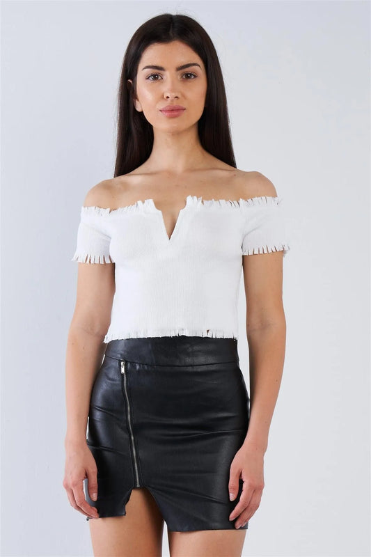 White Ribbed Off The Shoulder Confetti Hem Crop Top /4-2-1 - Tasha Apparel Wholesale