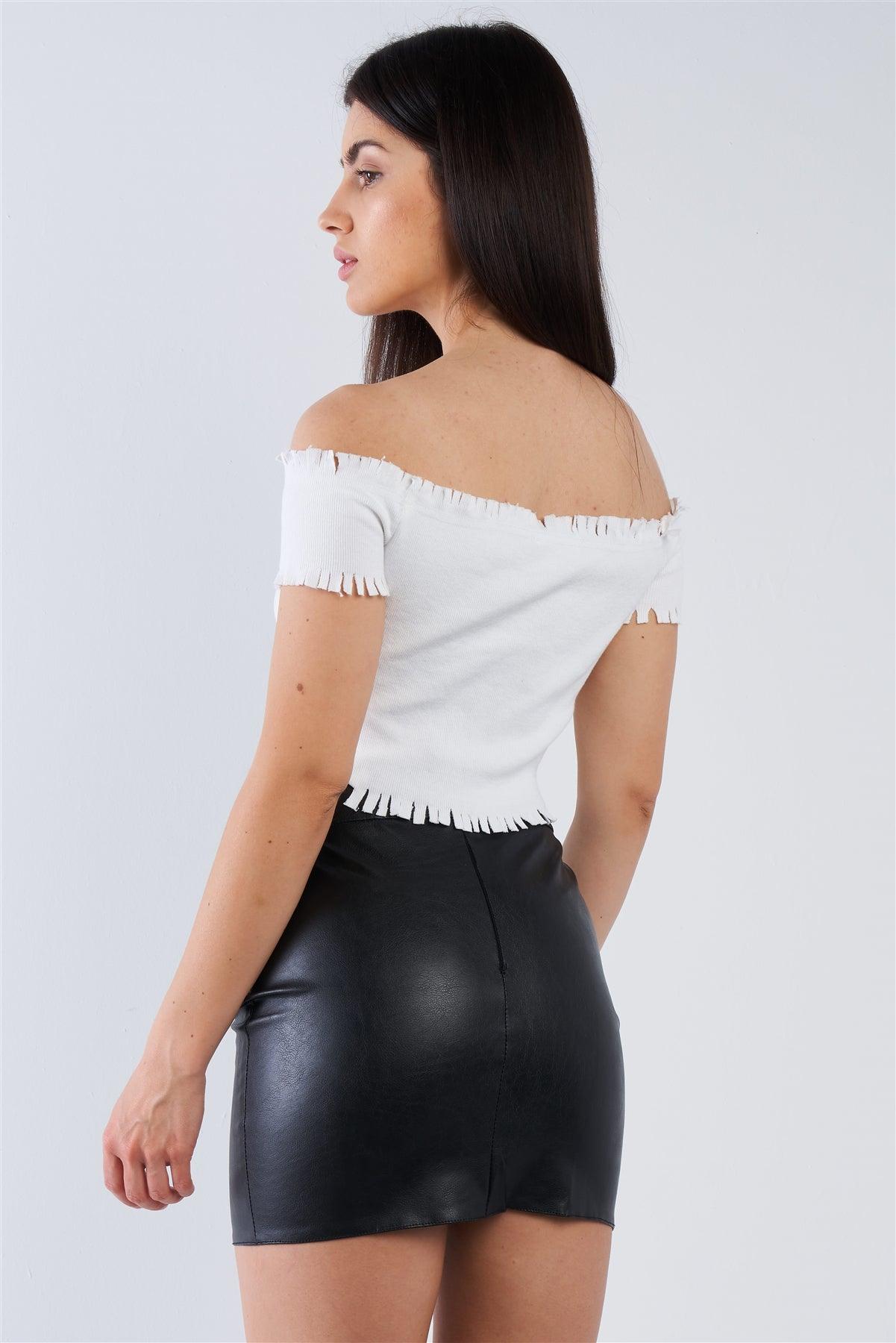 White Ribbed Off The Shoulder Confetti Hem Crop Top /4-2-1