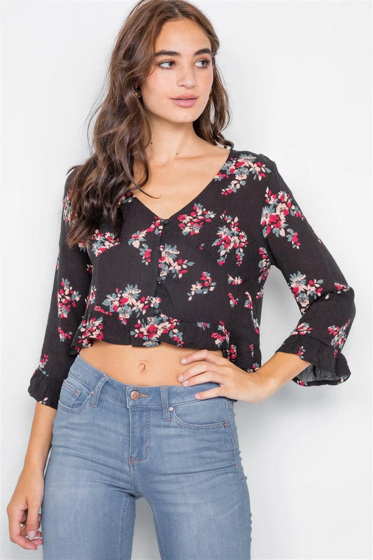 Black Semi-Sheer Floral High-Low Flounce Hem Blouse /2-2-2 - Tasha Apparel Wholesale