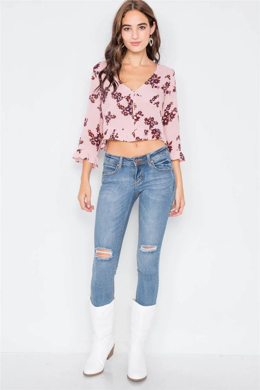 Mauve Semi-Sheer Floral High-Low Flounce Hem Blouse /2-2-2 - Tasha Apparel Wholesale