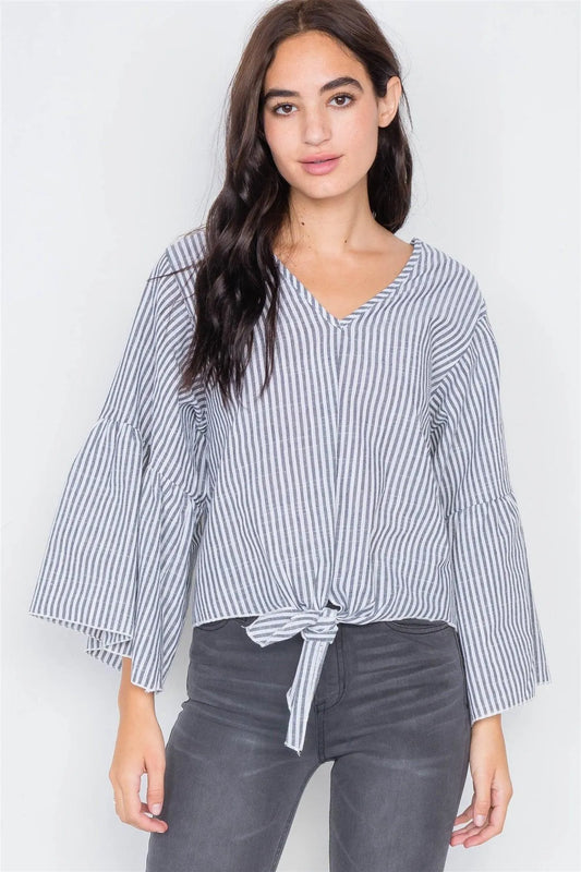 Grey & White Stripe V-Neck Cotton Bell Sleeve Top /2-2-2 - Tasha Apparel Wholesale