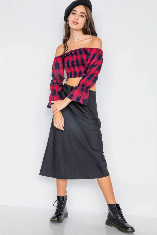 Red Plaid Ruched Off-The-Shoulder Tiered Bell Sleeve Crop Top /2-2-2 - Tasha Apparel Wholesale