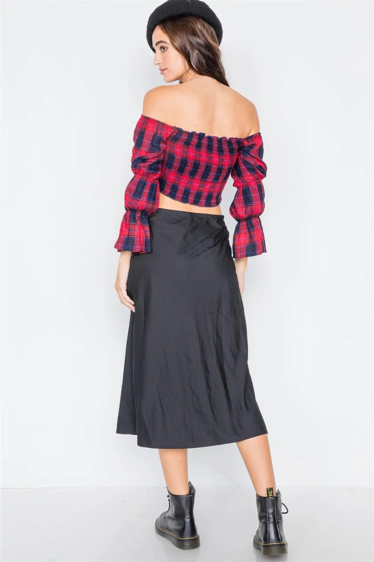 Red Plaid Ruched Off-The-Shoulder Tiered Bell Sleeve Crop Top /2-2-2 - Tasha Apparel Wholesale