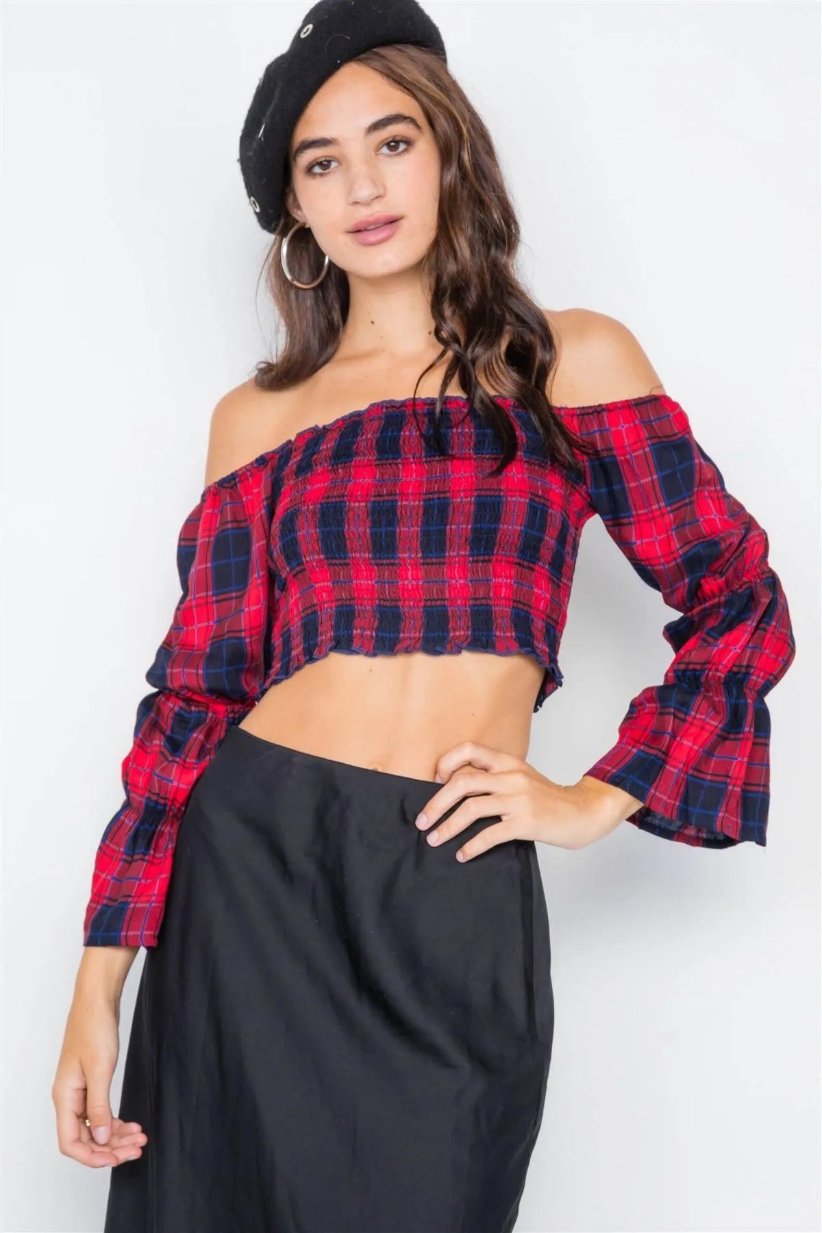 Red Plaid Ruched Off-The-Shoulder Tiered Bell Sleeve Crop Top /2-2-2 - Tasha Apparel Wholesale