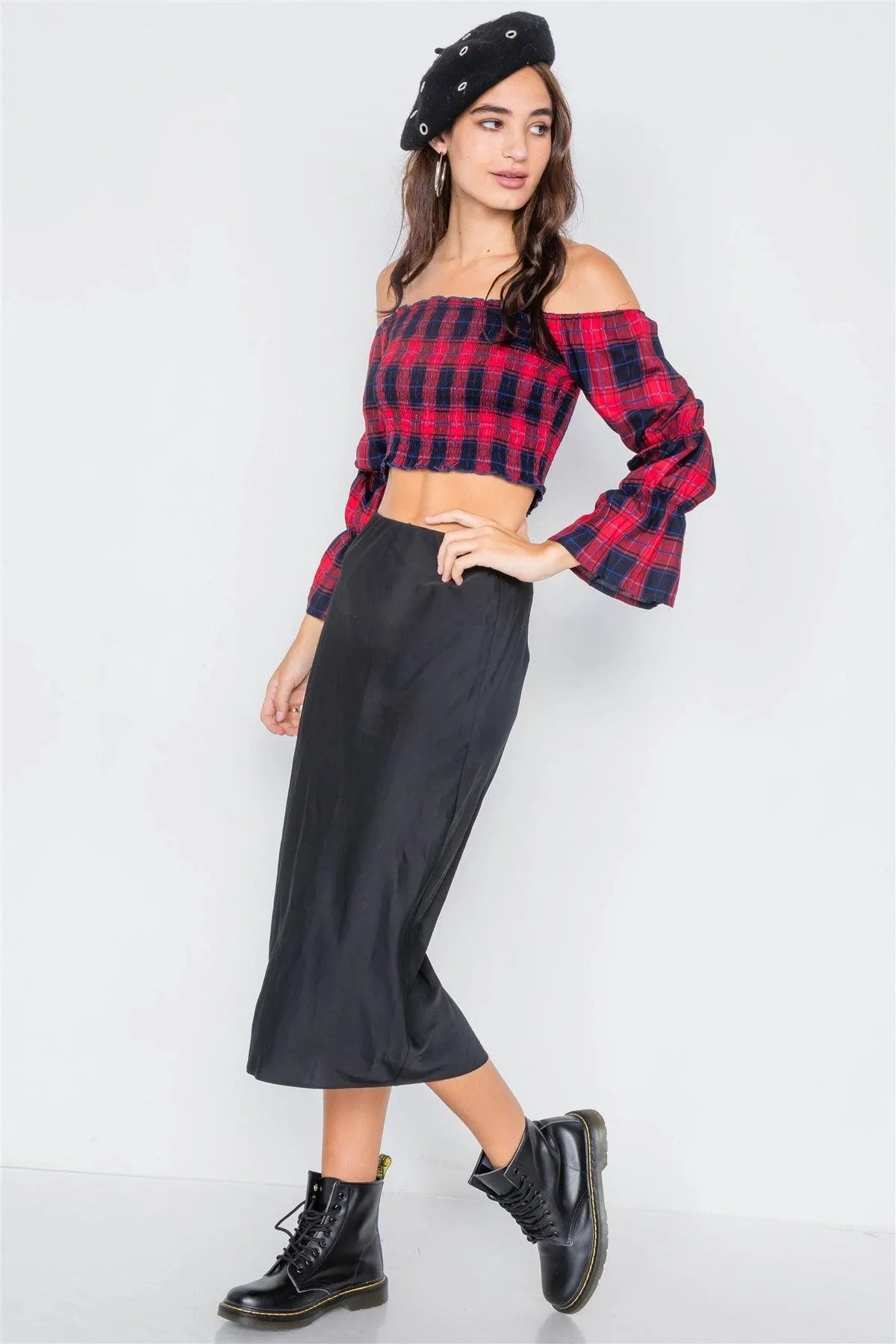 Red Plaid Ruched Off-The-Shoulder Tiered Bell Sleeve Crop Top /2-2-2 - Tasha Apparel Wholesale