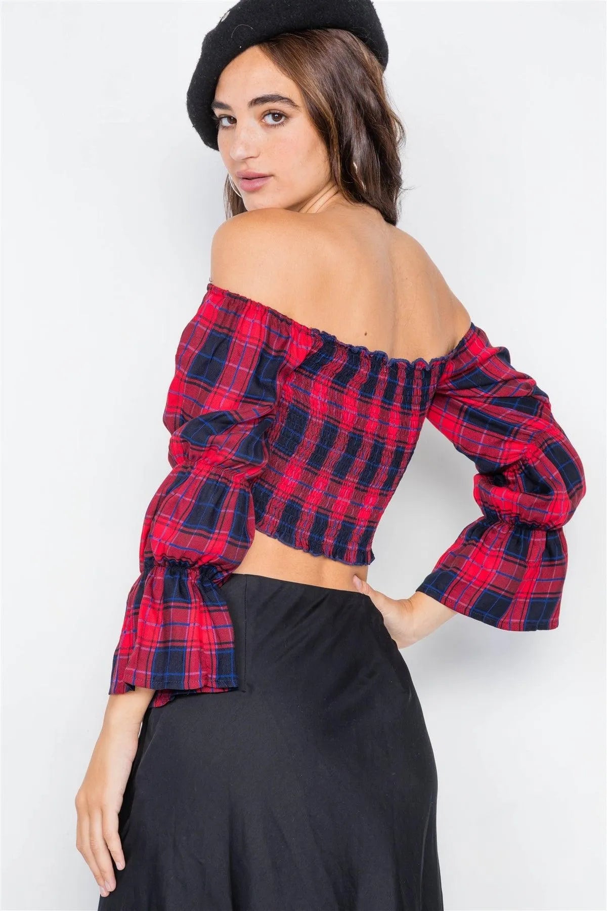 Red Plaid Ruched Off-The-Shoulder Tiered Bell Sleeve Crop Top /2-2-2 - Tasha Apparel Wholesale