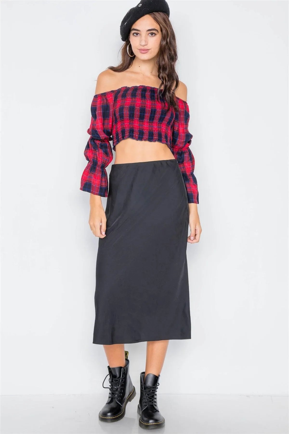Red Plaid Ruched Off-The-Shoulder Tiered Bell Sleeve Crop Top /2-2-2 - Tasha Apparel Wholesale