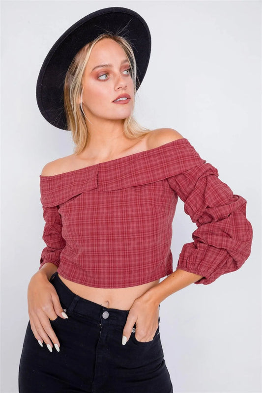 Raspberry Plaid Off-The Shoulder Retro Chic Crop Top /2-2 - Tasha Apparel Wholesale
