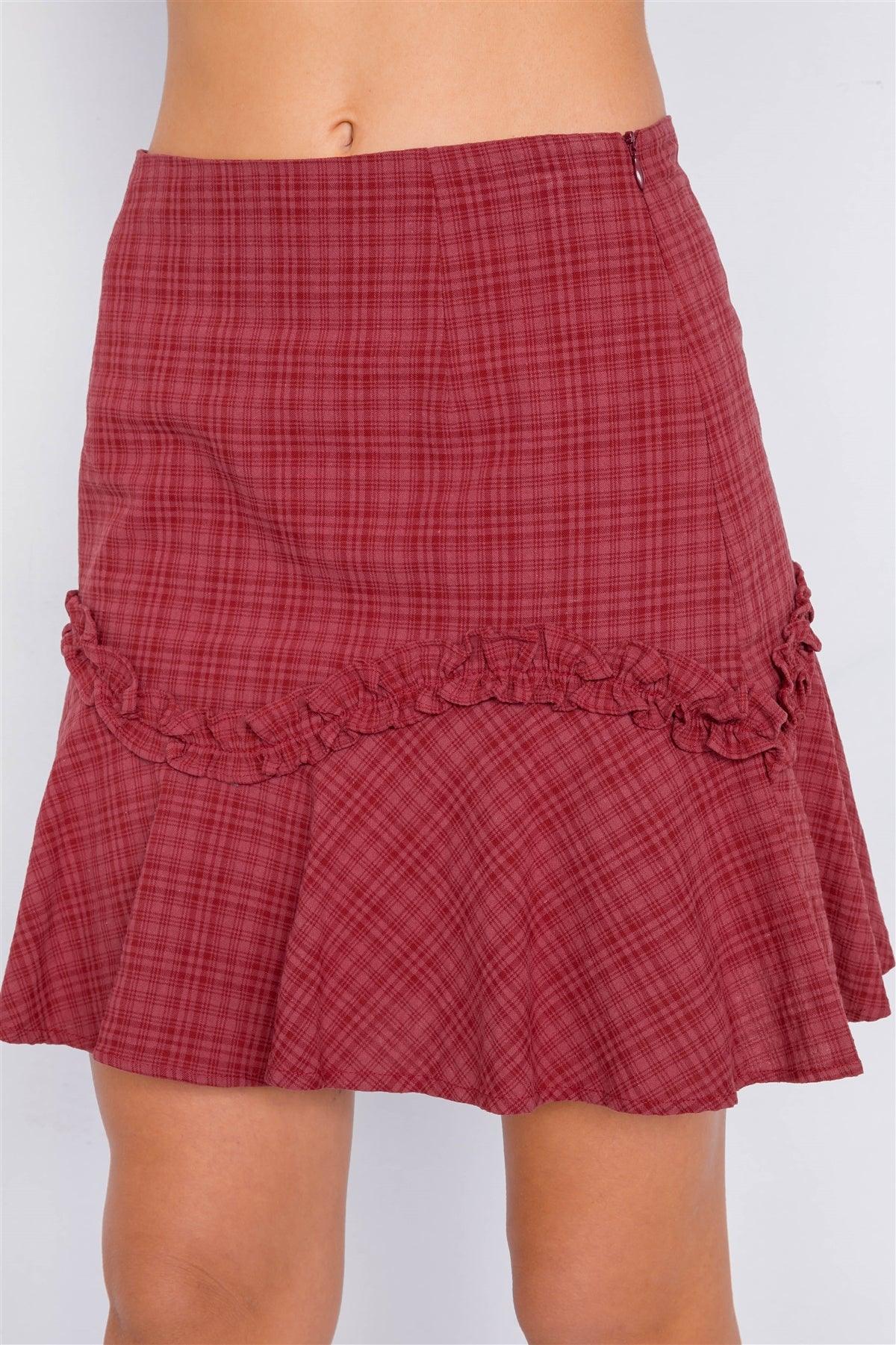 Raspberry Plaid Off-The Shoulder Retro Chic Crop Top & Mini Ruffle Skirt Set /3-2-2
