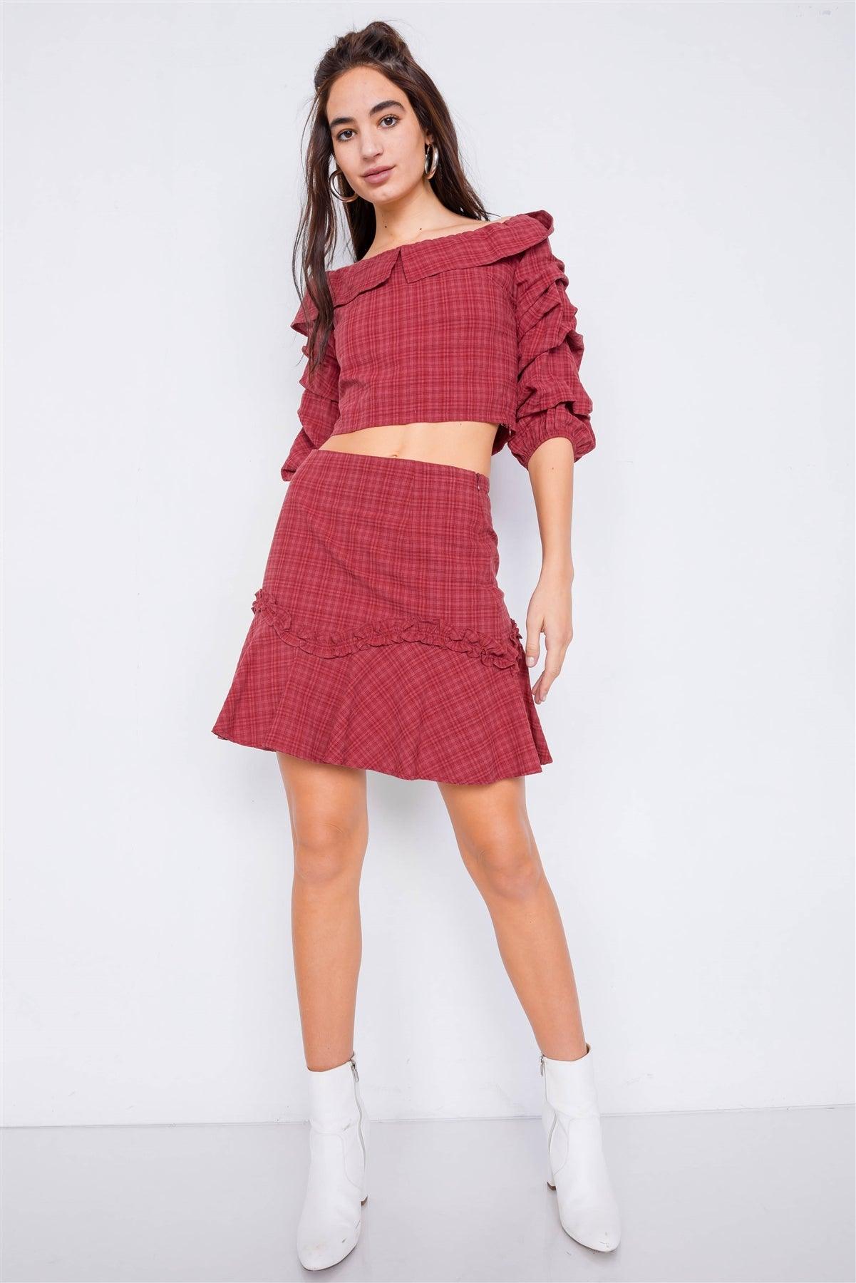 Raspberry Plaid Off-The Shoulder Retro Chic Crop Top & Mini Ruffle Skirt Set /3-2-2