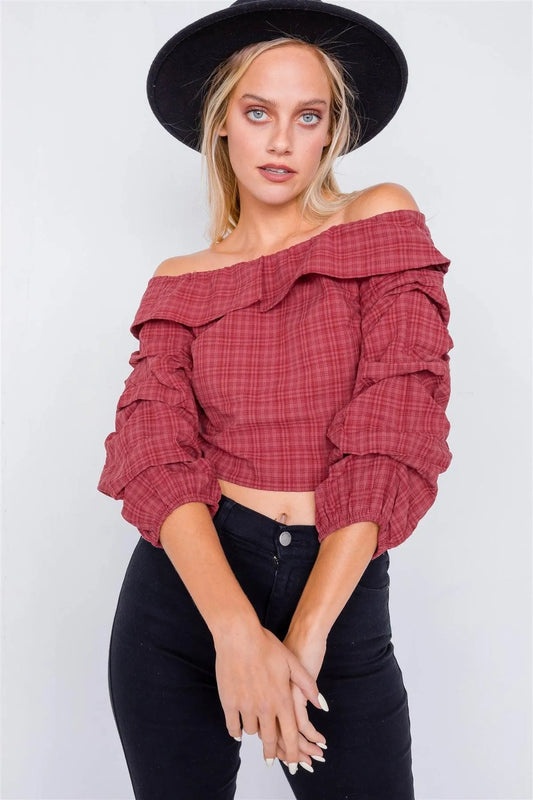 Raspberry Plaid Off-The Shoulder Retro Chic Crop Top /2-2-2 - Tasha Apparel Wholesale