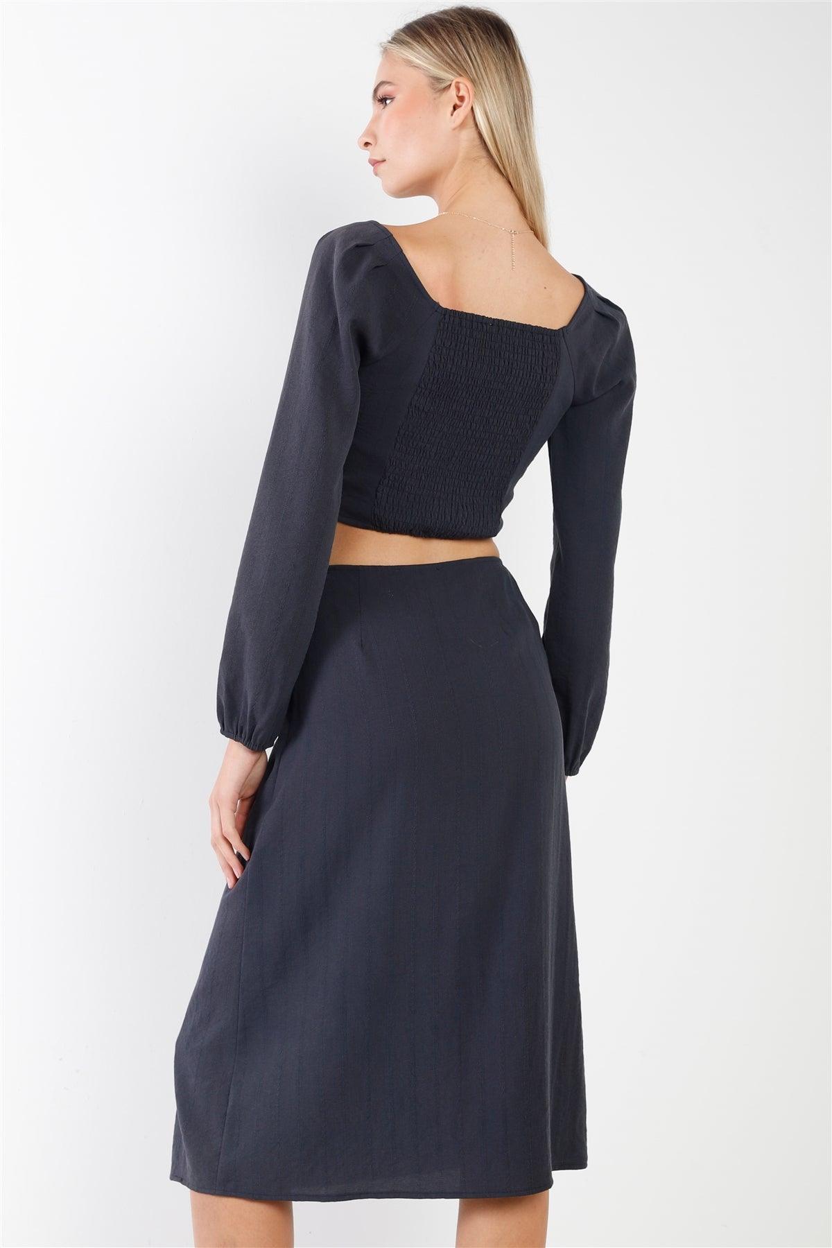 Navy Side Button Square Neck Crop Top & Midi Chic Skirt Set/2-2-2