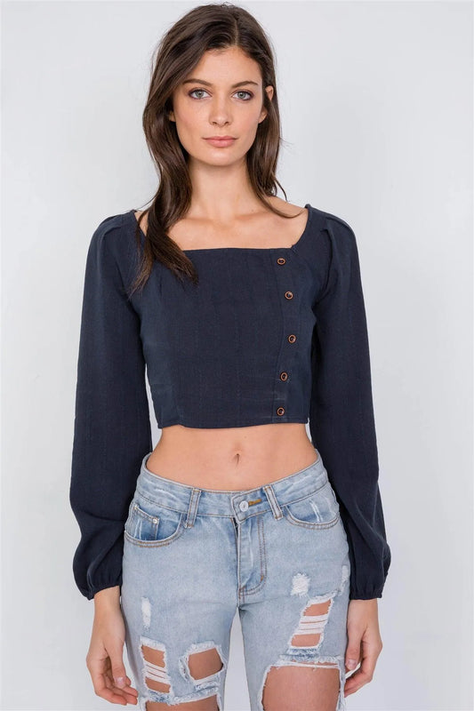 Navy Side Button Square Neck Chic Crop Top /2-2-2 - Tasha Apparel Wholesale