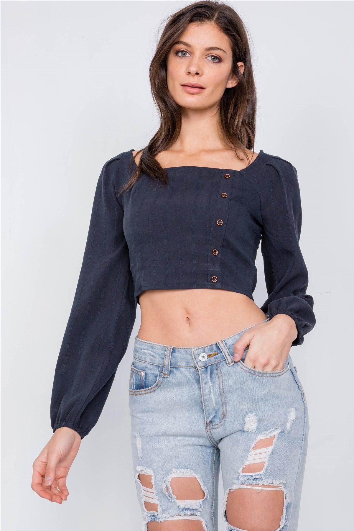 Navy Side Button Square Neck Chic Crop Top /2-2-2