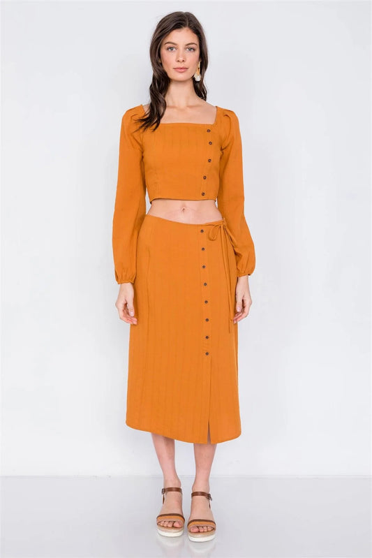 Rust Side Button Square Neck Crop Top & Midi Chic Skirt /2-2-2 - Tasha Apparel Wholesale
