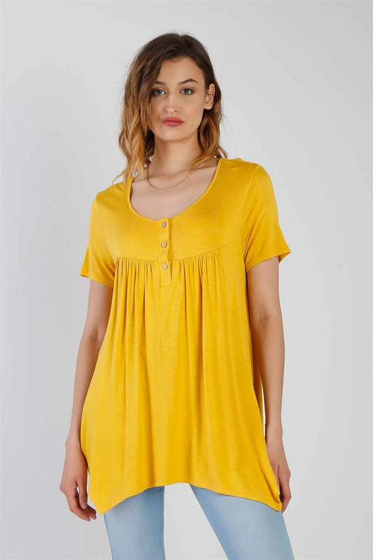 Ash Yellow Button Up Detail Handkerchief Hem Short Sleeve Top /1-2-2-1 - Tasha Apparel Wholesale