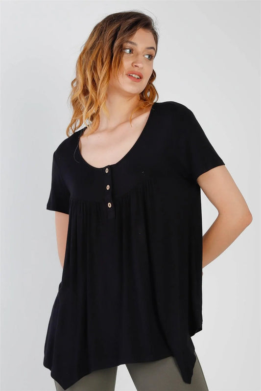 Black Button Up Detail Handkerchief Hem Short Sleeve Top /1-2-2-1 - Tasha Apparel Wholesale