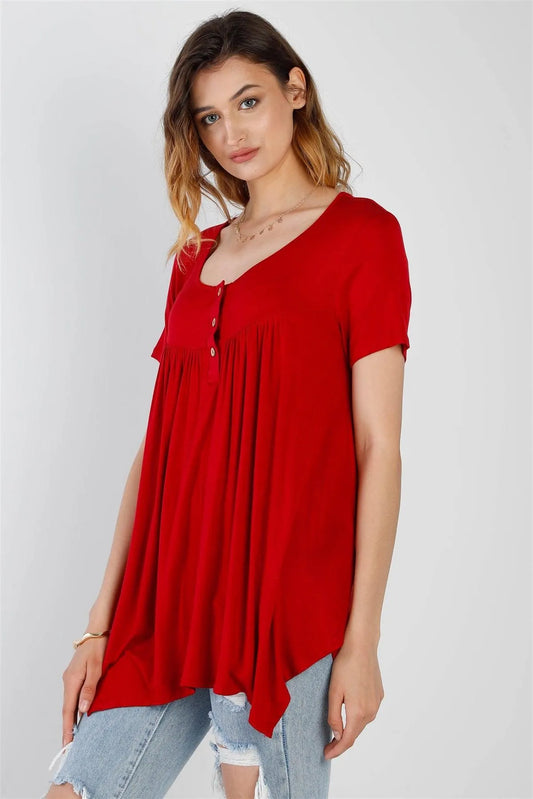 Bold Red Button Up Detail Handkerchief Hem Short Sleeve Top /1-2-2-1 - Tasha Apparel Wholesale