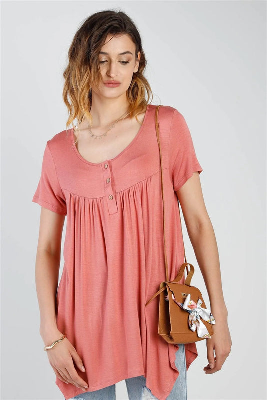 Mauve Button Up Detail Handkerchief Hem Short Sleeve Top /1-2-2-1 - Tasha Apparel Wholesale