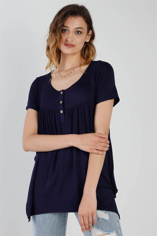 Navy Button Up Detail Handkerchief Hem Short Sleeve Top /1-2-2-1 - Tasha Apparel Wholesale