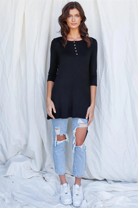 Black Button Up Detail Midi Sleeve Relaxed Fit Tunic Top /1-2-2-1 - Tasha Apparel Wholesale