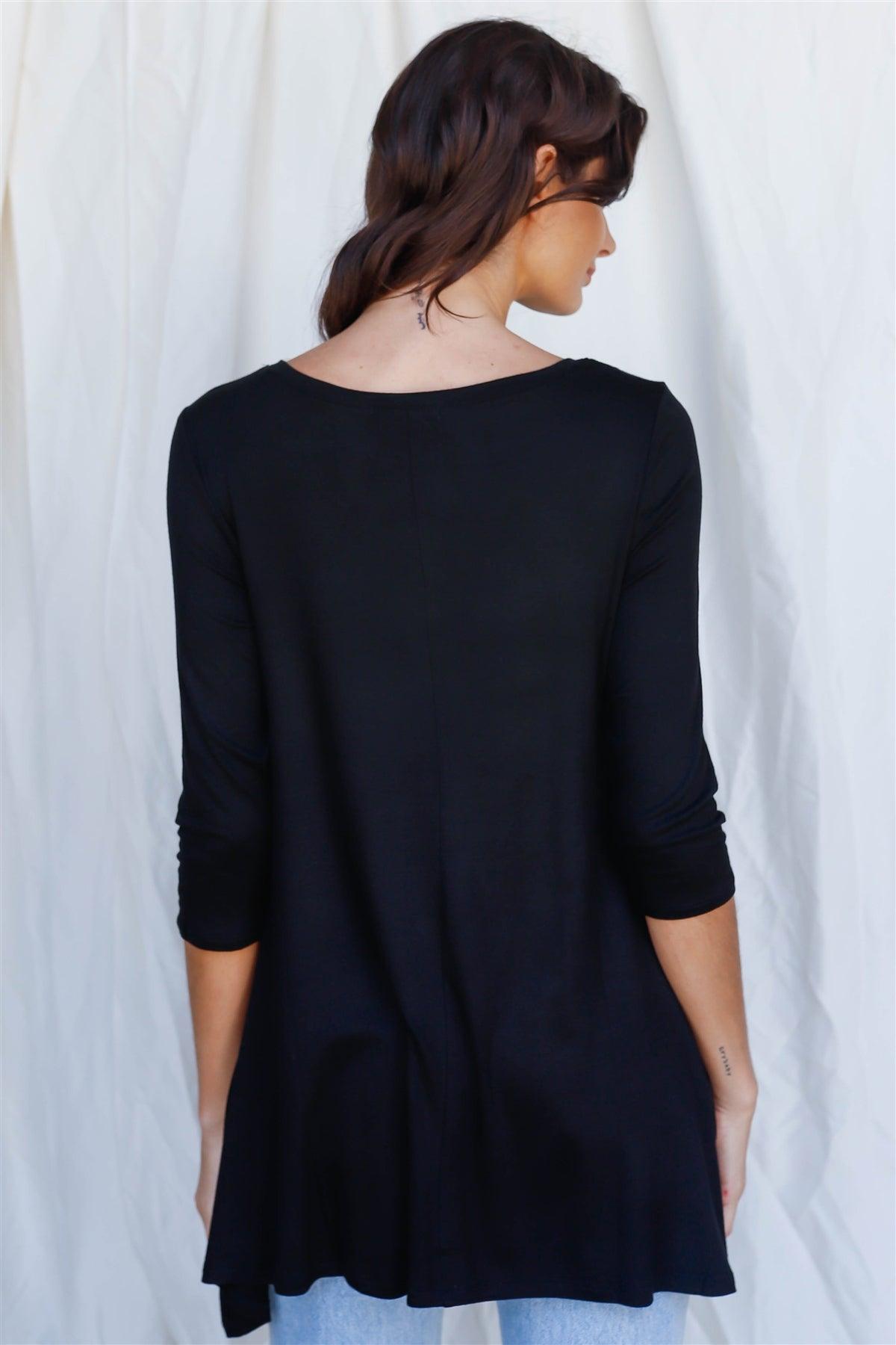 Black Button Up Detail Midi Sleeve Relaxed Fit Tunic Top /1-2-2-1