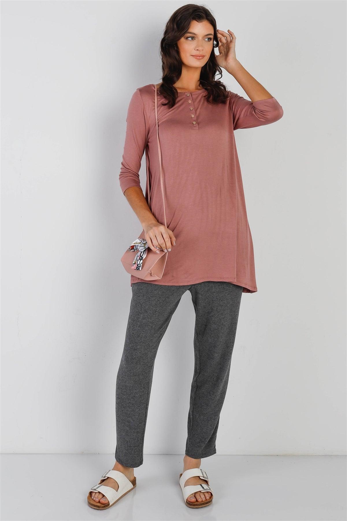 Mauve Button Up Detail Midi Sleeve Relaxed Fit Tunic Top /1-2-2-1