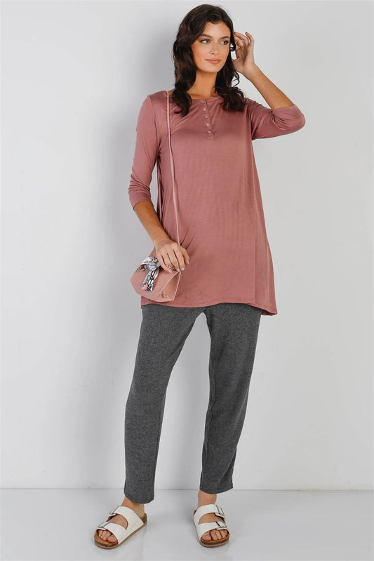 Mauve Button Up Detail Midi Sleeve Relaxed Fit Tunic Top /1-2-2-1 - Tasha Apparel Wholesale