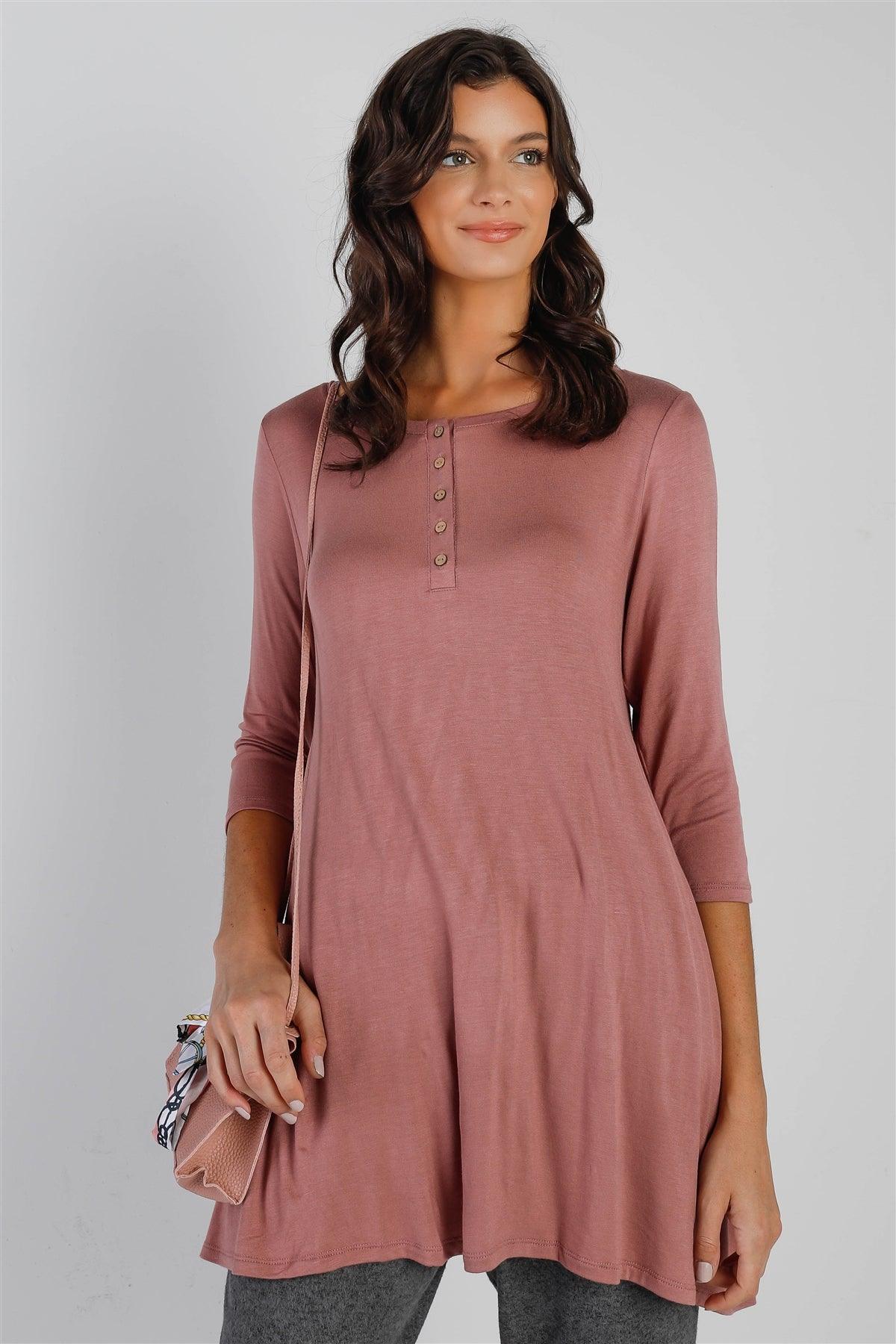 Mauve Button Up Detail Midi Sleeve Relaxed Fit Tunic Top /1-2-2-1