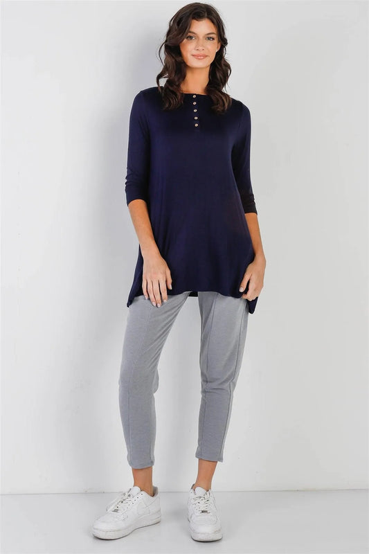 Navy Button Up Detail Midi Sleeve Relaxed Fit Tunic Top /1-2-2-1 - Tasha Apparel Wholesale
