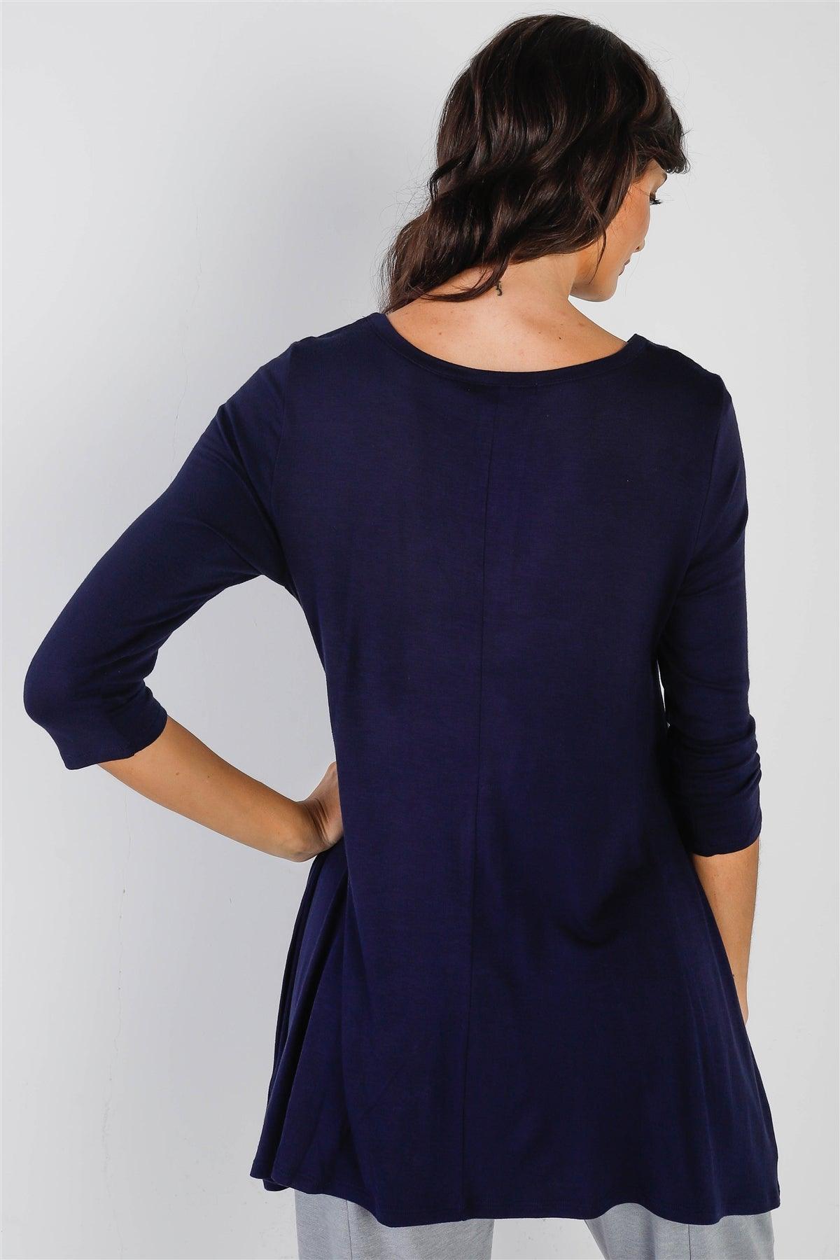 Navy Button Up Detail Midi Sleeve Relaxed Fit Tunic Top /1-2-2-1