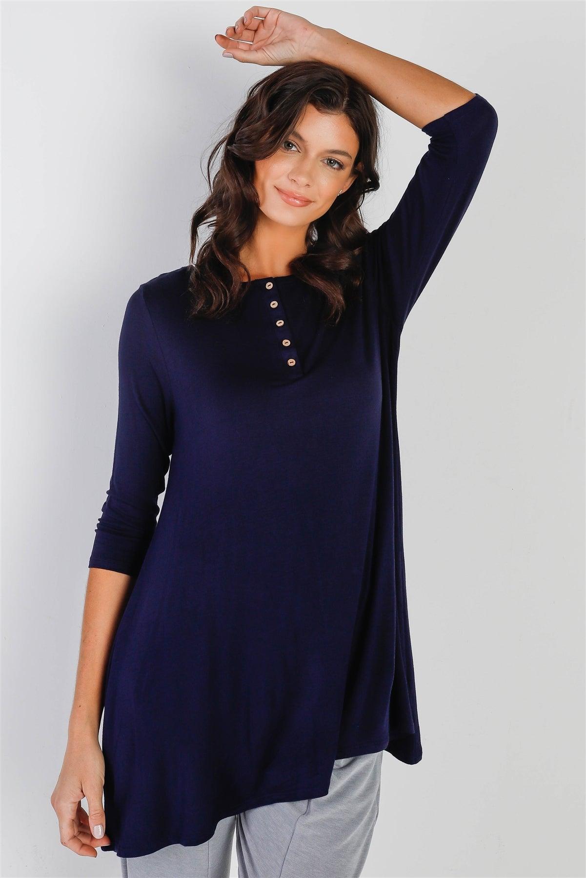 Navy Button Up Detail Midi Sleeve Relaxed Fit Tunic Top /1-2-2-1