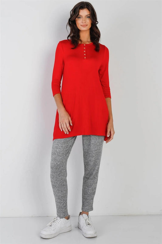 Scarlet Button Up Detail Midi Sleeve Relaxed Fit Tunic Top /1-2-2-1 - Tasha Apparel Wholesale