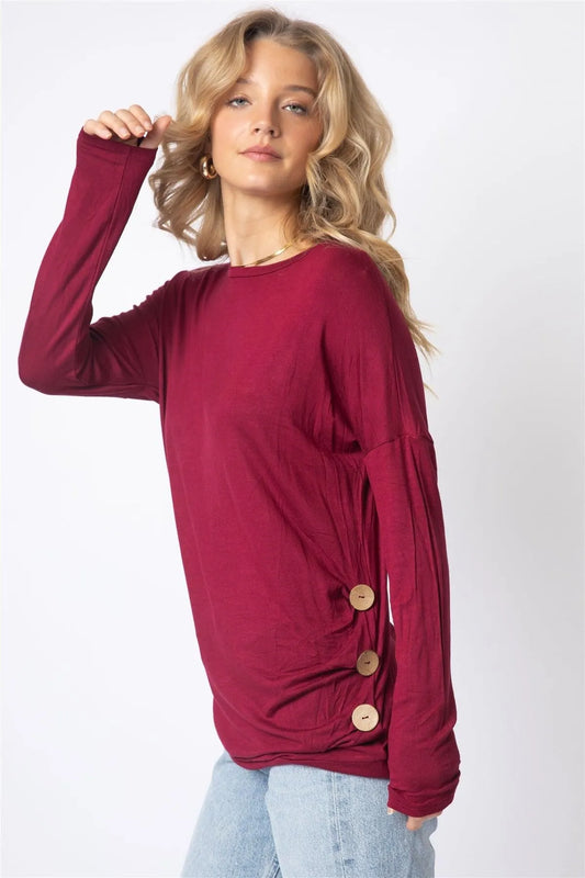 Burgundy Side Bottom Button Detail Long Sleeve Top /1-2-2-1 - Tasha Apparel Wholesale