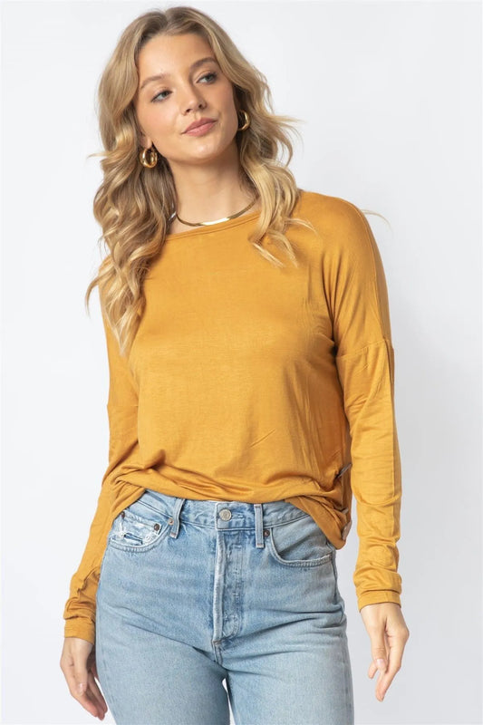 Mustard Side Bottom Button Detail Long Sleeve Top - Tasha Apparel Wholesale