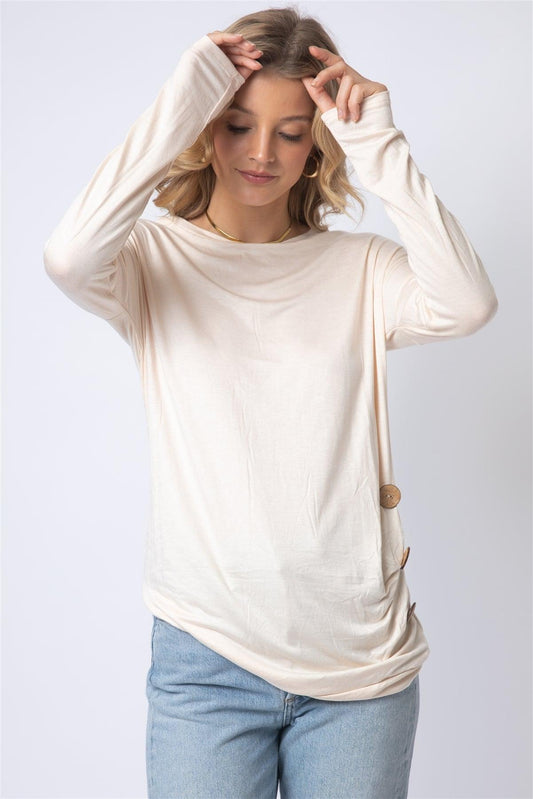 Ivory Side Bottom Button Detail Long Sleeve Top /1-2-2-1