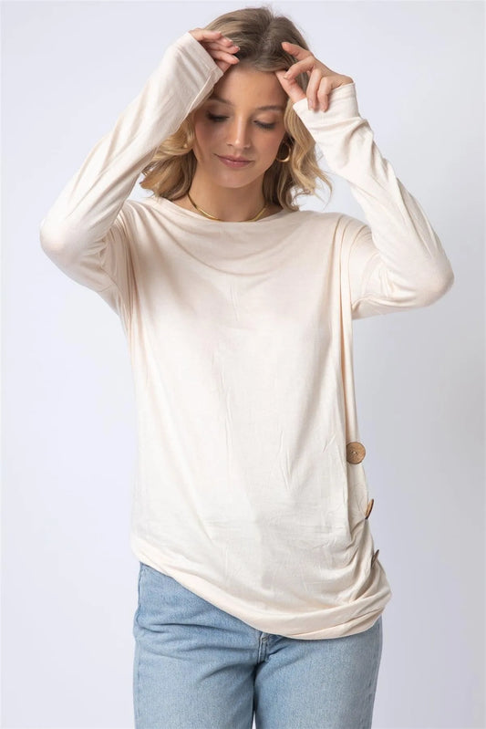 Ivory Side Bottom Button Detail Long Sleeve Top - Tasha Apparel Wholesale