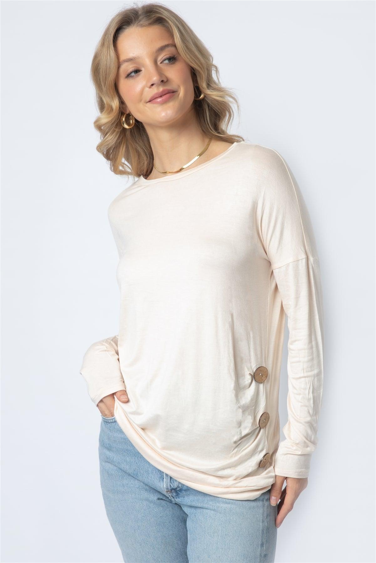 Ivory Side Bottom Button Detail Long Sleeve Top /1-2-2-1