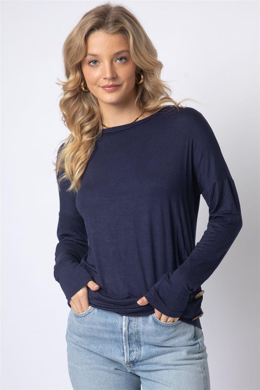 Navy Side Bottom Button Detail Long Sleeve Top /1-2-2-1